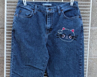 Boho Chic Upcycled Denim Jeans--Blue Lee Jeans "Relaxed Fit--At the Waist"- Size 9/10--Hand Embroidered Japanese "Neko Cat"--Free Shipping