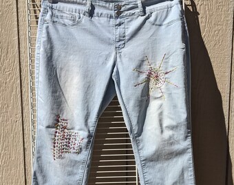 Boho Chic Upcycled Light Blue Denim Jeans-- "Royalty" Women's Size 13/14--Super Soft--Hand Embroidered--OOAK--Free Shipping