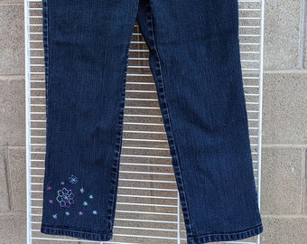 Boho Chic Upcycled Denim Jeans-- Dark Blue Gloria Vanderbilt "Amanda"-- Size 11/12--Hand Embroidered "Snowflake" Design--OOAK--Free Shipping