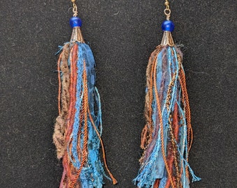 Fun Flirty Fiber Fringe Earrings-- Lightweight, Boho Chic, Gypsy Style Statement Earrings in shades of Blue, Brown and Copper