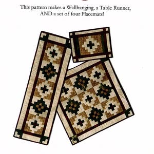 May include: Quilting pattern for a wallhanging, table runner, and four placemats. The pattern features a geometric design with brown, green, and white squares. The pattern is titled "Trading Post" and is numbered EA104.