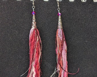 Fun Flirty Fiber Fringe "Raspberry Beret" Earrings-- Lightweight, Boho Chic, Gypsy Style Statement Earrings in shades of pinks and reds