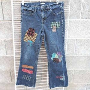 Boho Chic Upcycled Denim Jeans-- "Relativity" Size 11/12 Petite--Plaid Patchwork and Hand Embroidered--OOAK--Free Shipping