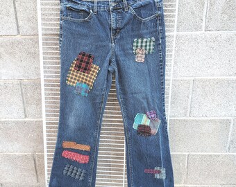 Boho Chic Upcycled Denim Jeans-- "Relativity" Size 11/12 Petite--Plaid Patchwork and Hand Embroidered--OOAK--Free Shipping