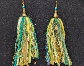 Fun Flirty Fiber Fringe Earrings-- Lightweight, Boho Chic, Gypsy Style Statement Earrings in shades of Green and Gold