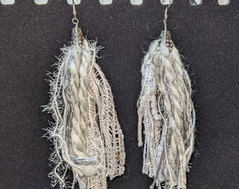 Fun Flirty Fiber Fringe Earrings--Silver and Gray-- Lightweight, Boho Chic, Gypsy Style Statement Earrings