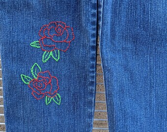 Boho Chic Upcycled Denim Jeans--Gloria Vanderbilt Dark Blue Jeans "Amanda"- Size 13/14--Hand Embroidered Roses--Free Shipping