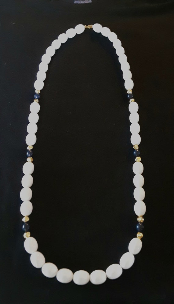 Vintage Monet White, Navy, and Gold Tone Bead Nec… - image 1