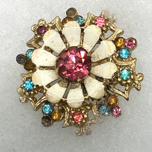 Vintage CORO Multi-Colored Rhinestone Flower Brooch