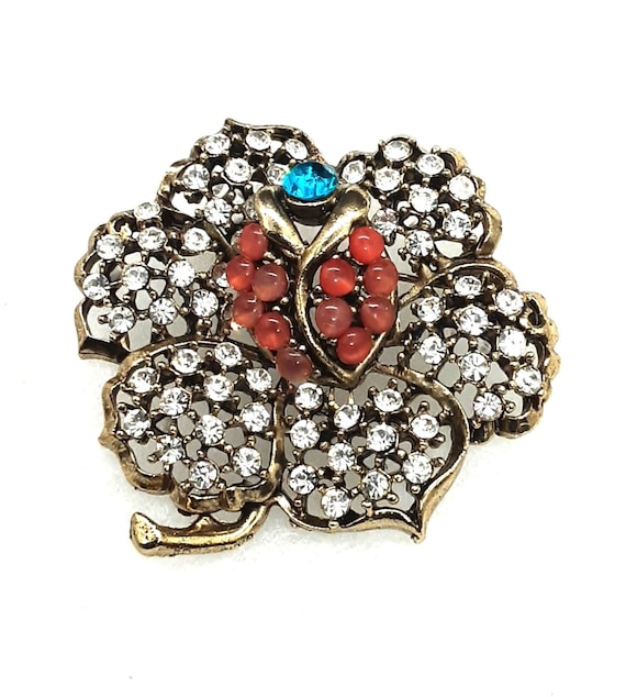 Weiss Vintage Rhinestone Ladybug Flower Brooch