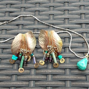Vintage Hand Hammered Anodized Copper Beaded Pierced Earrings w/Turquoise Nugget Pendant Necklace