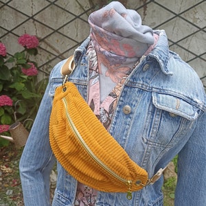 Sac  banane  Taille S,M,L original en velours côtelé  jaune moutarde et sangle  amovible au choix