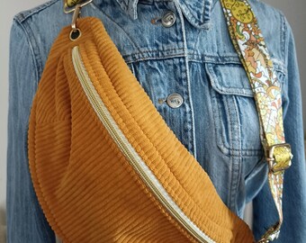 Sac  banane taille M original en velours côtelé  jaune moutarde fleuri amovible