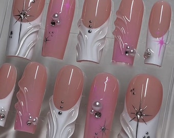 Pink ombre with French nails  /coffin nails/ Presson nails/ high quality nails / birthday nails / mothers day nails