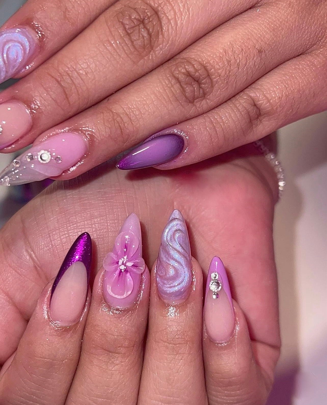 Dark Purple Nails with 3D Crystal Magic