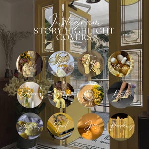May include: A collection of Instagram Story Highlight Covers in a warm, yellow color scheme. The covers feature various icons and text, including "Ootd", "Life", "Trip", "Skincare", "Decor", "Work", "Coffee", "Date", "Birthday", "Goal", "Spa", and "Reading".