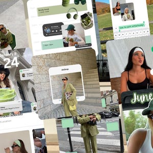 Puede incluir: Un collage de imágenes con una estética verde. Las imágenes incluyen capturas de pantalla de un teléfono con recordatorios y mensajes. Otras imágenes muestran a personas con atuendos y accesorios verdes, y bebiendo matcha.