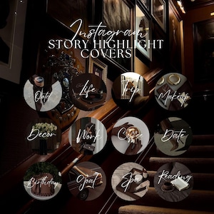 May include: A set of eleven circular Instagram story highlight covers featuring dark, moody photography. Each circle displays a white script label including OOTD, Life, Trip, Makeup, Decor, Work, Coffee, Date, Birthday, Goal, Spa, and Reading.