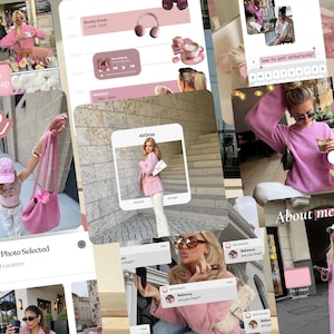 Op de afbeelding: Een collage van afbeeldingen met een roze esthetiek. De afbeeldingen bevatten een persoon die roze kleding draagt, een roze handtas, een telefoonscherm en tekst met de tekst "June", "Holiday Recap" en "About me".