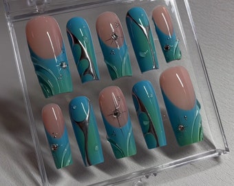 Blue green ombre nails /coffin nails/ Presson nails/ high quality nails