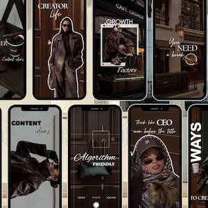 May include: A collection of smartphone screens featuring lifestyle content. Each screen displays text such as "Creator Life," "Content Ideas," and "Think like CEO." The color palette is dominated by browns and blacks, with images of people and objects.