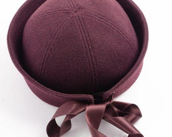 Wool sailor cap, winter sailor hat, sailor hat with ribbon, brown sailor hat