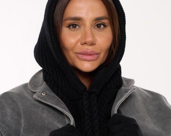Knitted hood cowl, hood scarf, knit hooded scarf, knit hood scarf, crochet balaclava scarf, hood with scarf, hat with scarf