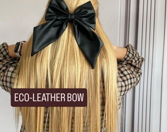 フェイクレザーの大きなリボンヘアクリップ、女性用ヘアアクセサリー、リボン付きの大きなヘアバレッタ、シフォンの黒いリボンバレッタ
