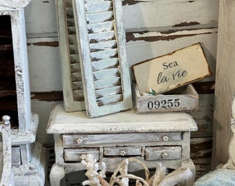 Dollhouse Shutters Aqua Distressed, Miniature Coastal Shutters, French Cottage Dollhouse Decor, Rustic Beach Cottage Mini, 1:12 Scale