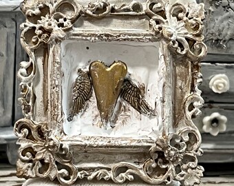 Miniature original art, dollhouse frame gilded, dollhouse framed art, shabby chic decorations, miniature frame with wing heart, french frame