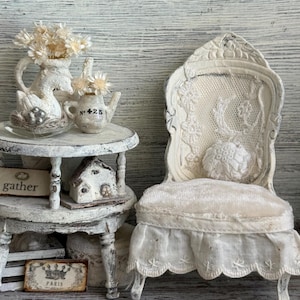 Vintage Dollhouse Side Table – Shabby Chic French Cottage Miniature – Distressed Cream Two Tier Table