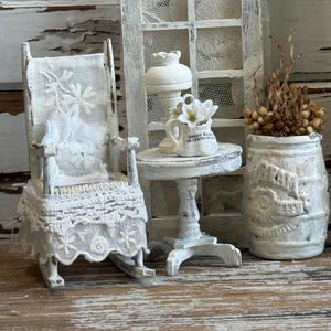 Shabby Chic Dollhouse Rocking Chair: Vintage Lace & Throw Pillow