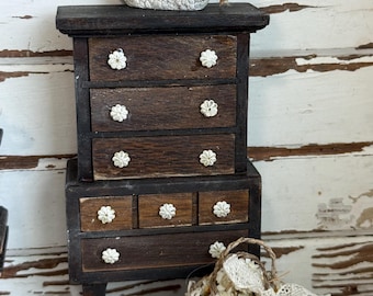 Miniature Dresser 1:12 Scale – Primitive Black French Country Tall Chest - Vintage dollhouse furniture