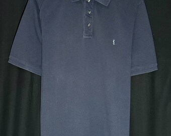 Vintage YSL Logo Yves Saint Laurent Poloshirt Kurzarm Knöpfe blau