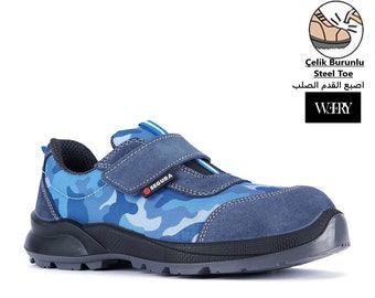 Sgr 515 S1 Blue Camouflage Genuine Suede Leather And Textile Lightweight Comfortable Summer Steel Toe Sports Model Work Shoes