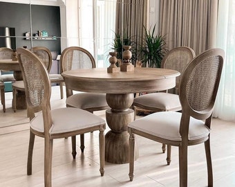Handmade Wood Dining Table | Mid Century Modern | Rustic Farmhouse Table | Extendable Round Dining Table | Hornbeam Top & Fir Solid Wood Leg