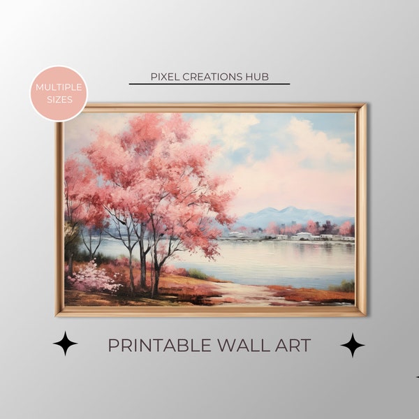 Spring Printable Wall Art, Pink Wall Art Decor, Printable Nature Art, Instant Download Landscape Painting 08
