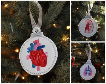 Kidney, Lungs, or Heart Embroidered Christmas Ornament - perfect for organ donors, transplant recipients, doctors, chronic illness