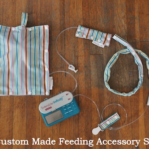 SET of Custom Made Feeding Tube Accessories - insulated feeding pump bag cover, clip, connector cover, cord keeper.