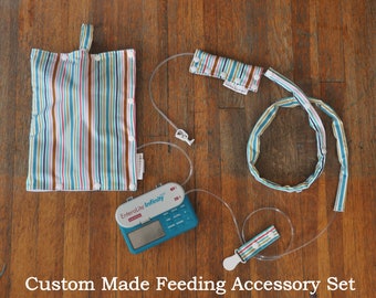 SET of Custom Made Feeding Tube Accessories - insulated feeding pump bag cover, clip, connector cover, cord keeper.