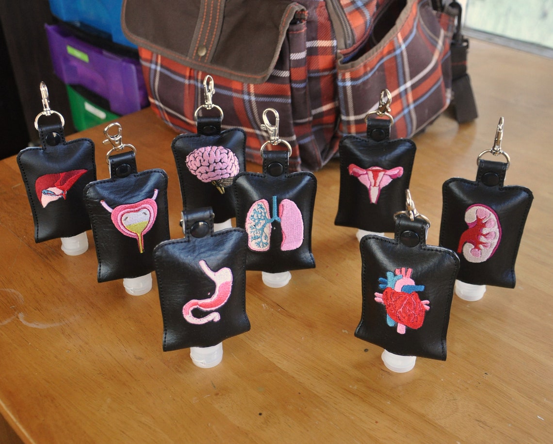 A group of hand sanitizer holders with different organs, like kidneys, lungs, etc.