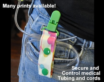 Cord Clip - manage medical cords and tubes. Variety of Prints. Ready to Ship. Use with Gtube, ventilator, dialysis, IV, infusions.