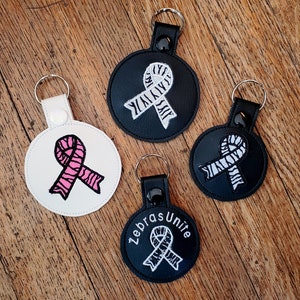 Zebra Awareness Ribbon Keychain - with or without words - Any color ribbon. Custom made. Bulk pricing available for fundraising.