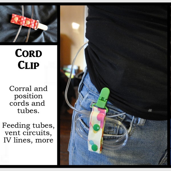 Cord Clip - manage medical cords and tubes. Variety of Prints. Ready to Ship. Use with Gtube, ventilator, dialysis, IV, infusions.