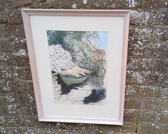 Vintage pastel - Greek Fishing Boat, row boat, Kefalonia, Nassos - original art, framed painting