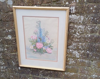 Beautiful Large Vintage 90s Original Still Life Pastel ‘Rose and Delphiniums’