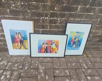 Quirky Spanish Dancers Set of Three Original Signed Pastel Paintings by Corinne Brenner.