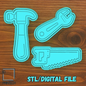 May include: A digital file featuring three cyan-colored tool outlines: a hammer, a wrench, and a saw. The tools are set against a wood-grain background. The text "STL/DIGITAL FILE" is displayed in white.