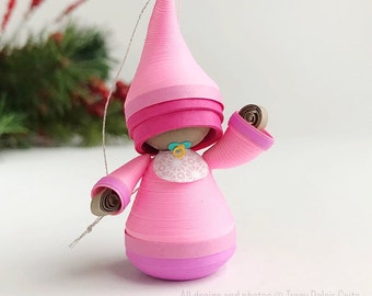 Baby ornament figurine in pink, personalized baby gifts, gift for new parents, gift for new baby, paper quilling art