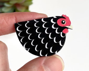 Black and white Chicken magnet handmade from cut paper, little Barred Rock chicken gift